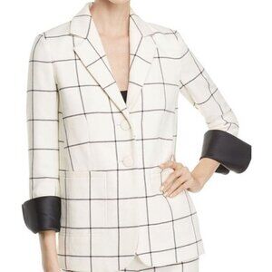 Tory Burch Sz 6 Blazer Holt Windowpane 2 Button Ivory Black Wool New 3/4 Sleeve